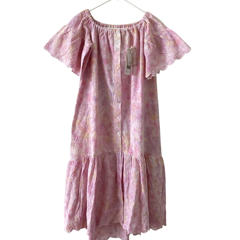 Sundress Sandra Eyelet Tie Dye Maxi‎ Dress Off Shoulder Flutter Sleeve Pink OS